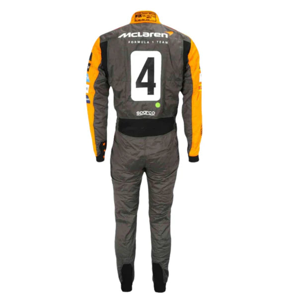 Racing suit with McLaren logo and number 4 on a white background