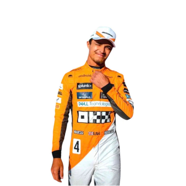Person wearing an orange racing suit with various sponsor logos on a white background
