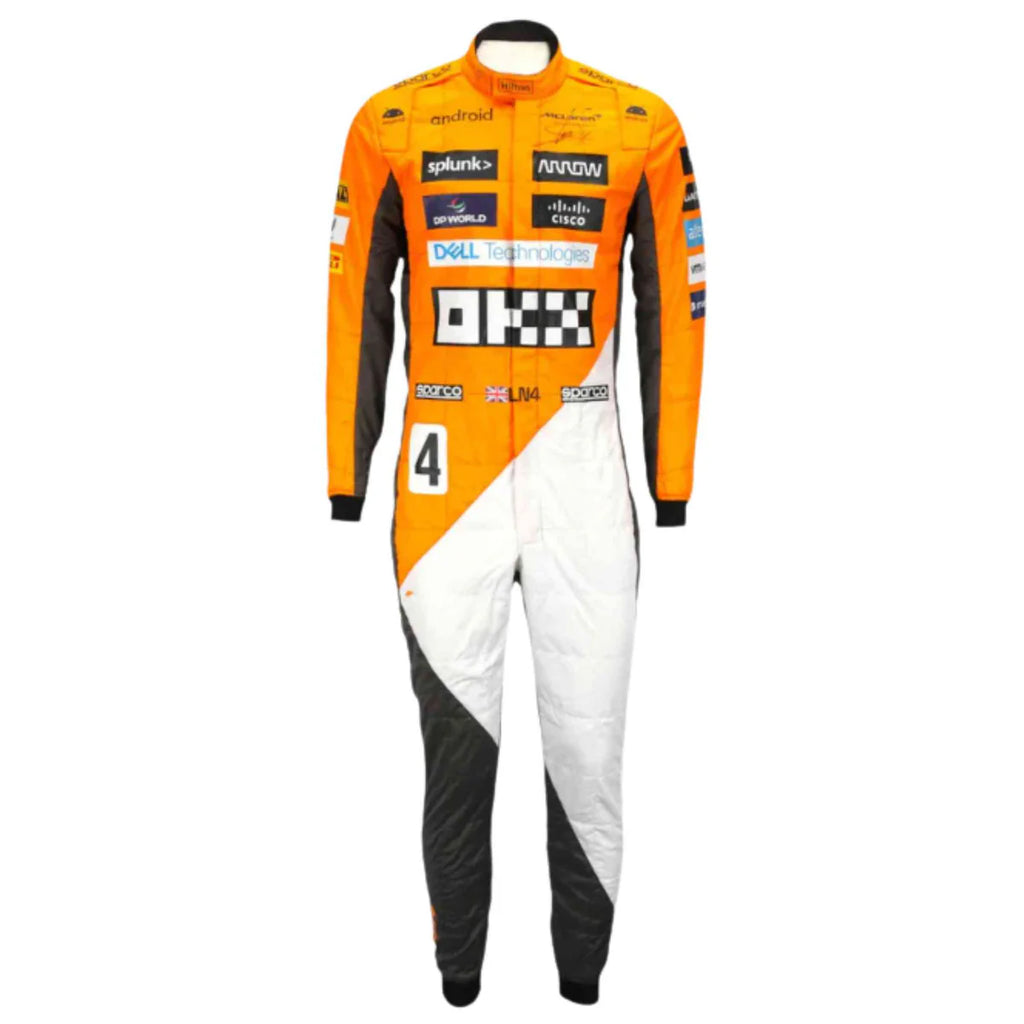 Orange, black, and white racing suit with various sponsor logos on a white background