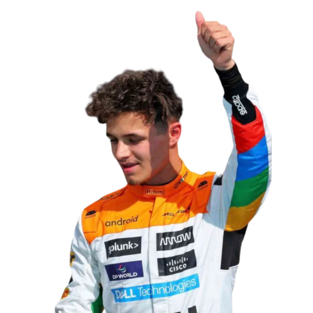 Person wearing a colorful racing suit with various sponsor logos on a white background
