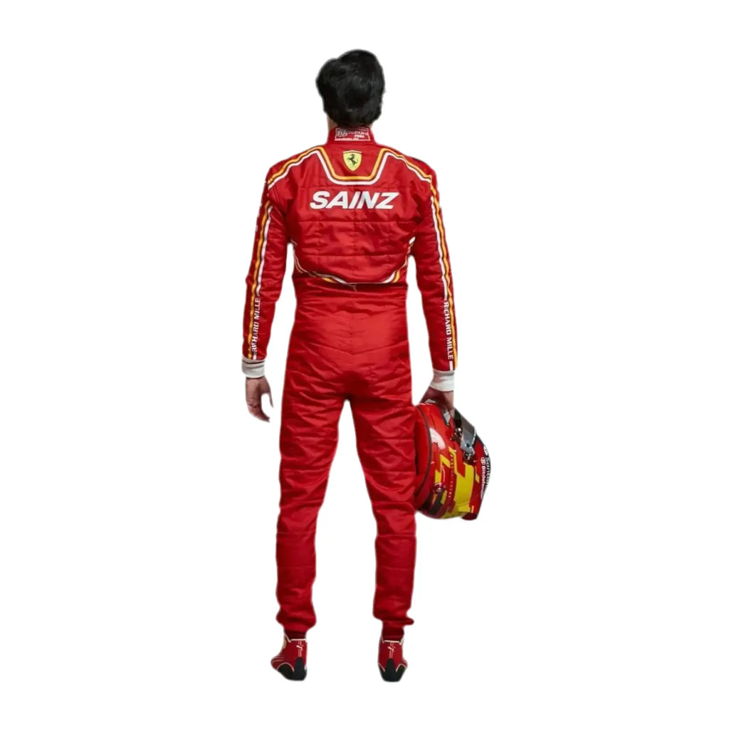 Person wearing a red racing suit with 'Sainz' branding on a white background