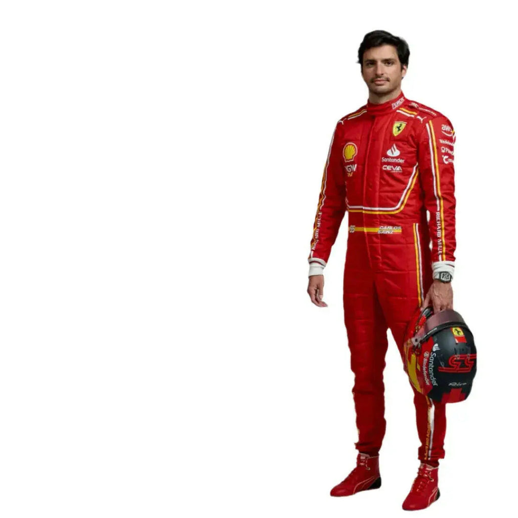 Person wearing a red racing suit with various logos on a white background