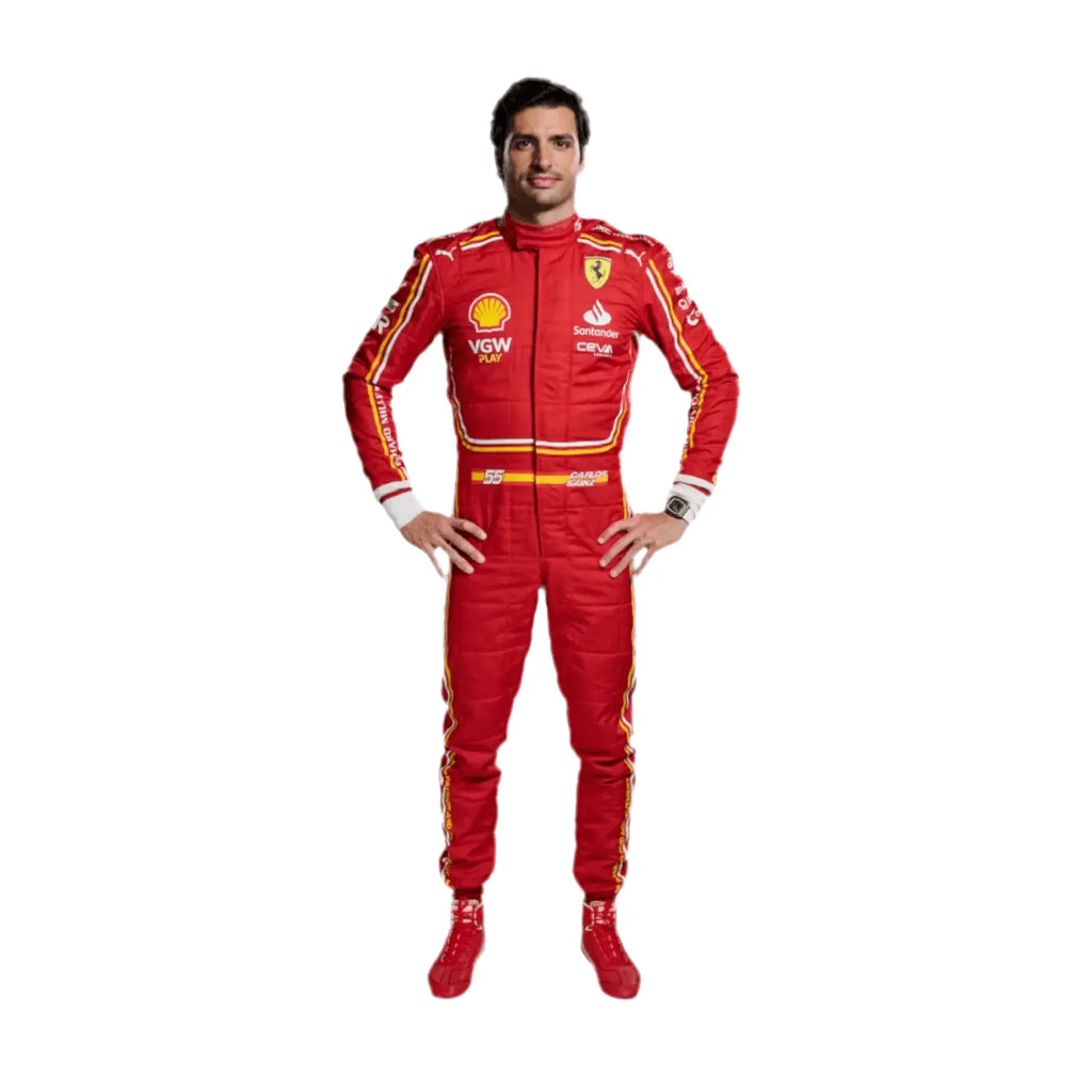 Person wearing a red racing suit with various sponsor logos on a white background