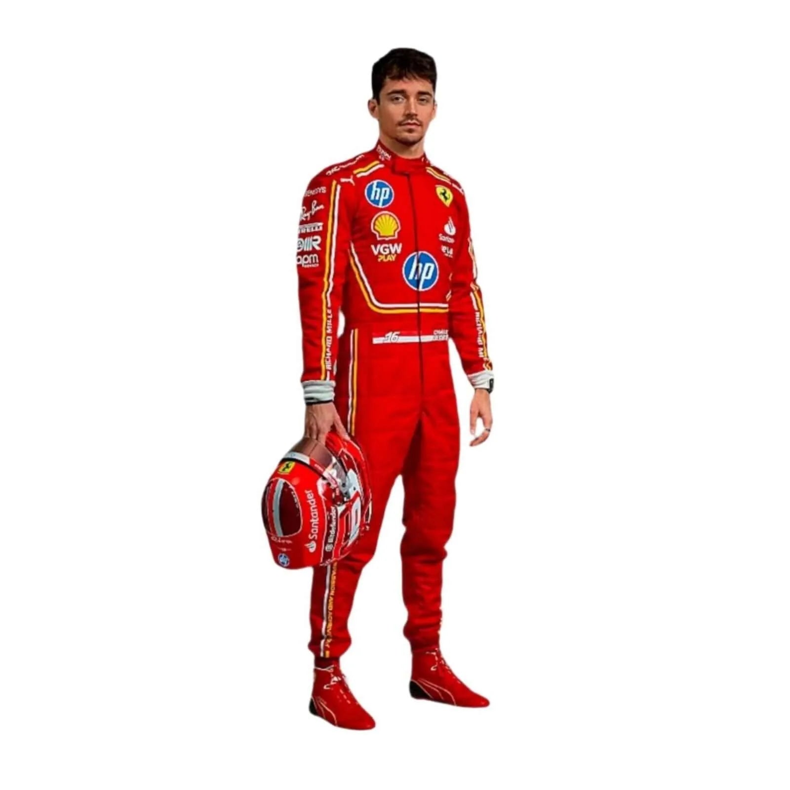 Person wearing a red racing suit with various sponsor logos on a white background
