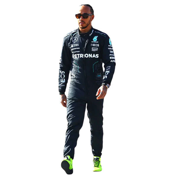 Person wearing a Formula 1 racing suit with visible branding on a white background