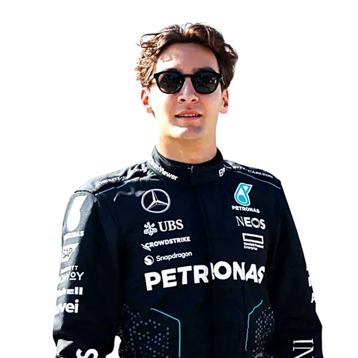 Person wearing a black racing suit with various sponsor logos on a white background