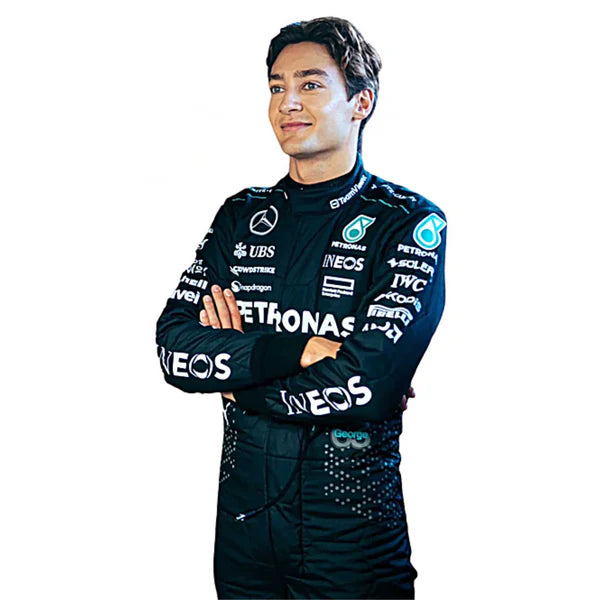 Person wearing a dark racing suit with various sponsor logos on a white background