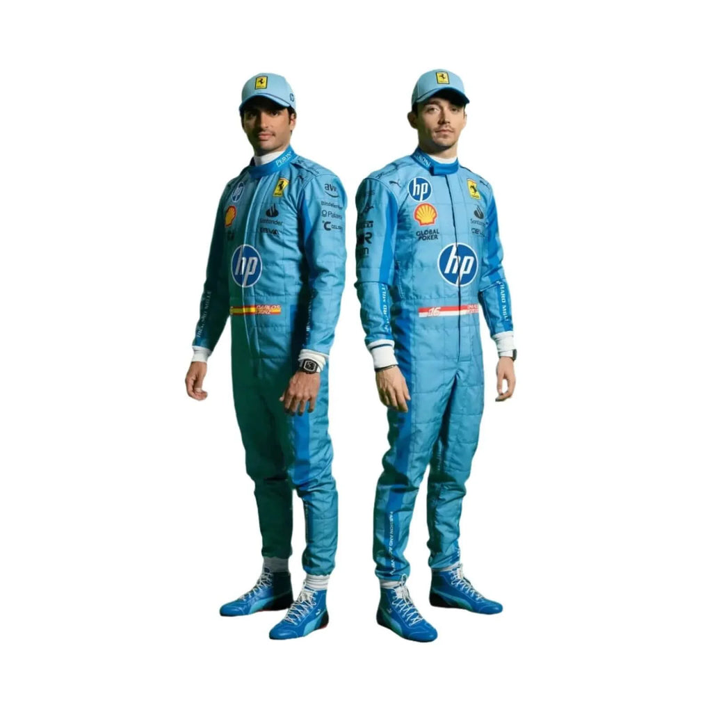 Two individuals wearing matching blue racing suits with HP logos on a white background
