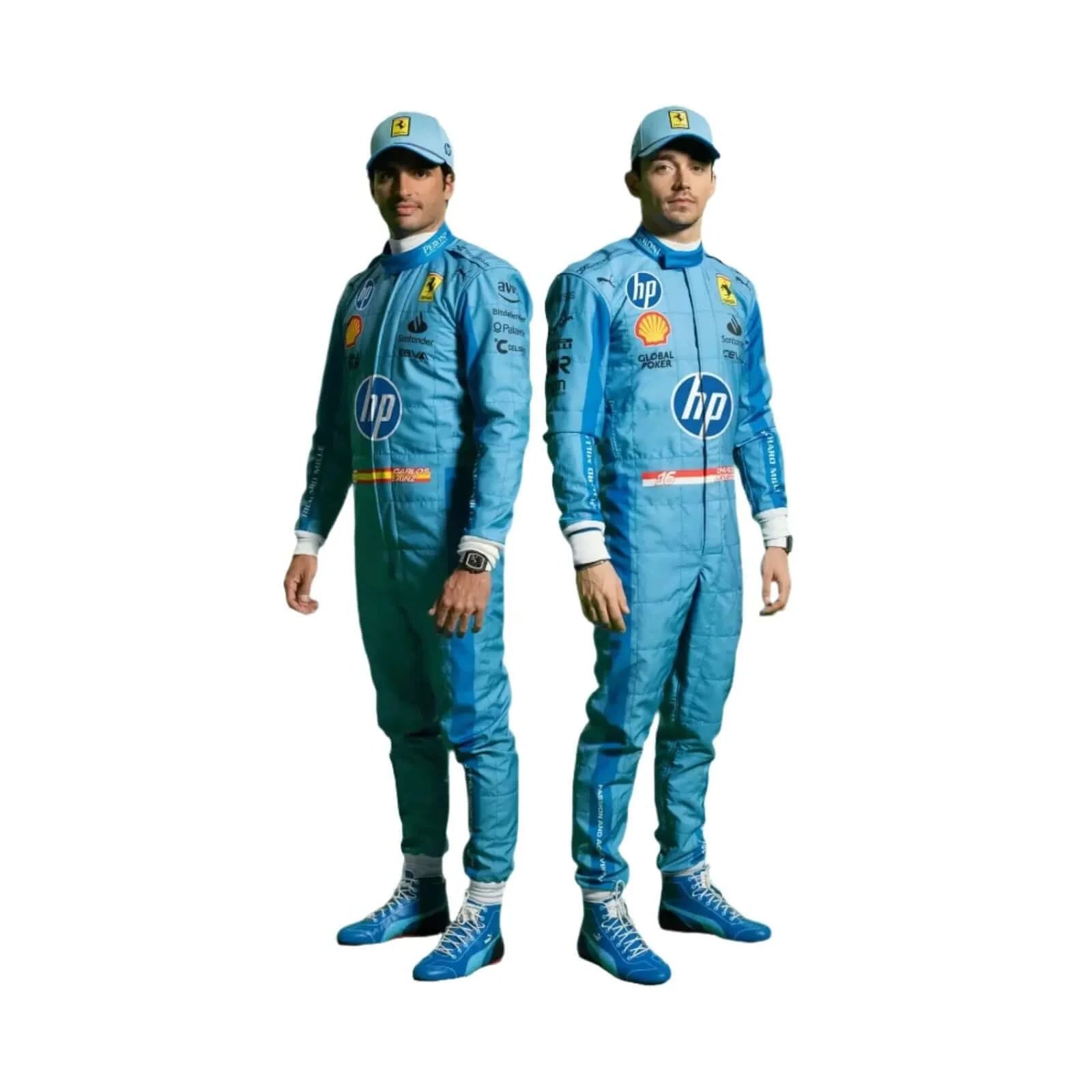 Two individuals wearing matching blue racing suits with HP logos on a white background