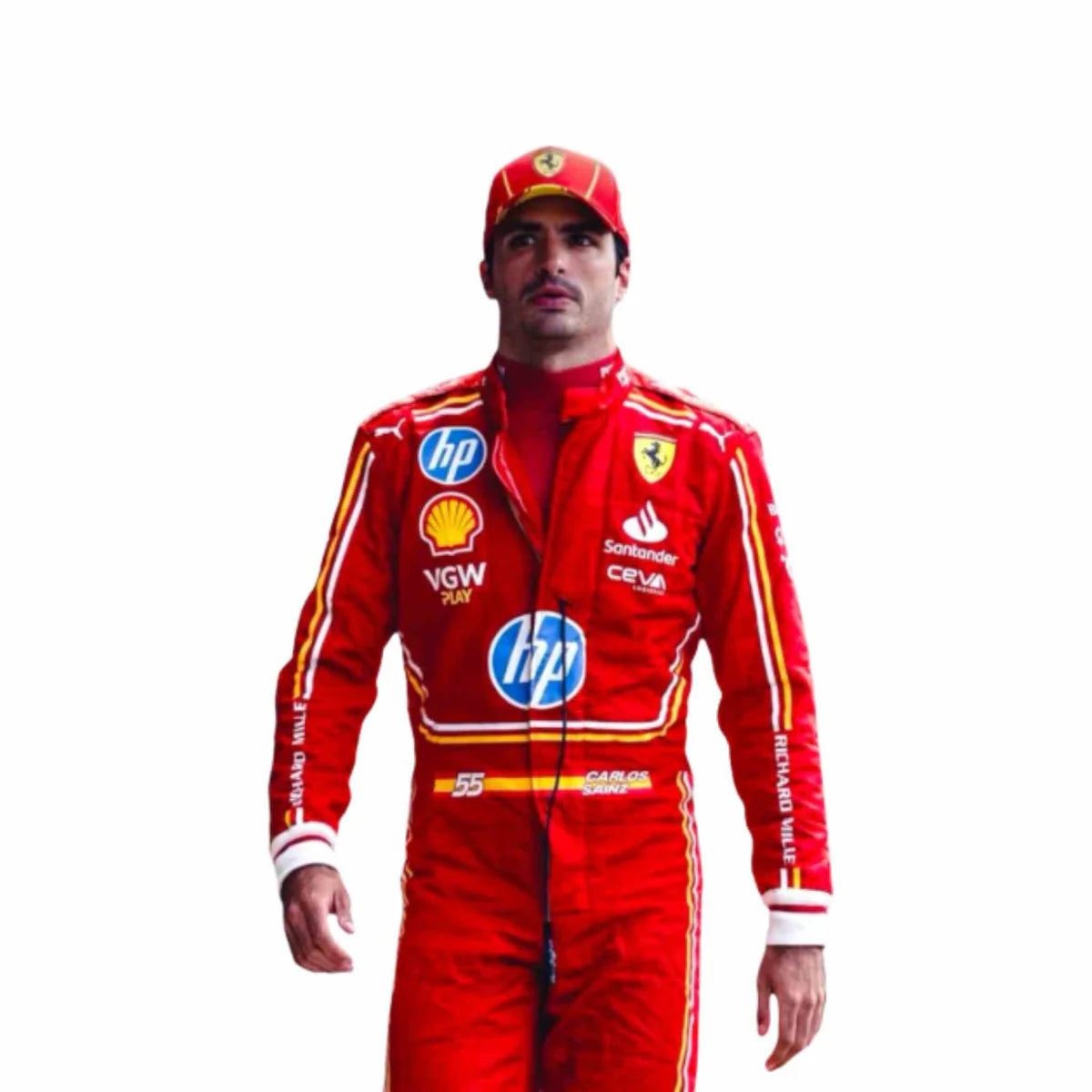 Person wearing a red racing suit with various sponsor logos on a white background