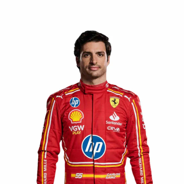Person wearing a red racing suit with various sponsor logos on a white background