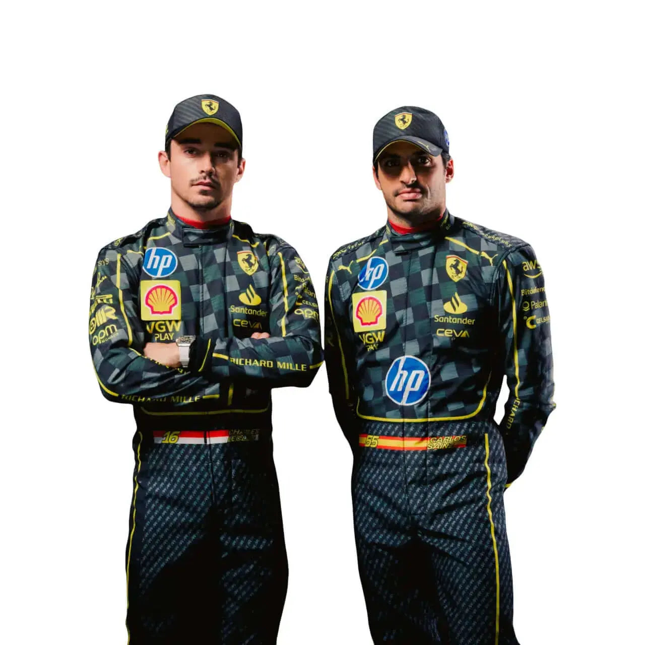 Two individuals wearing matching racing suits with various sponsor logos on a white background