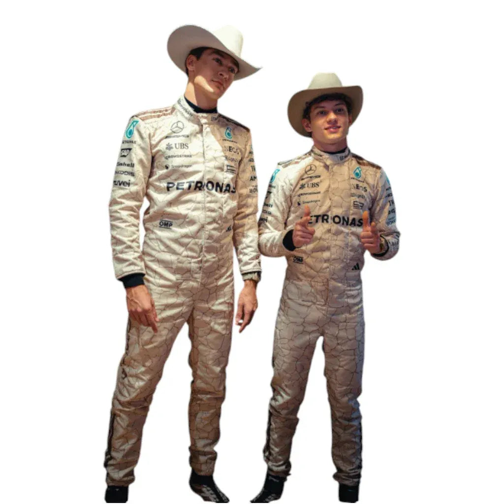 Two individuals wearing racing suits with visible branding on a white background