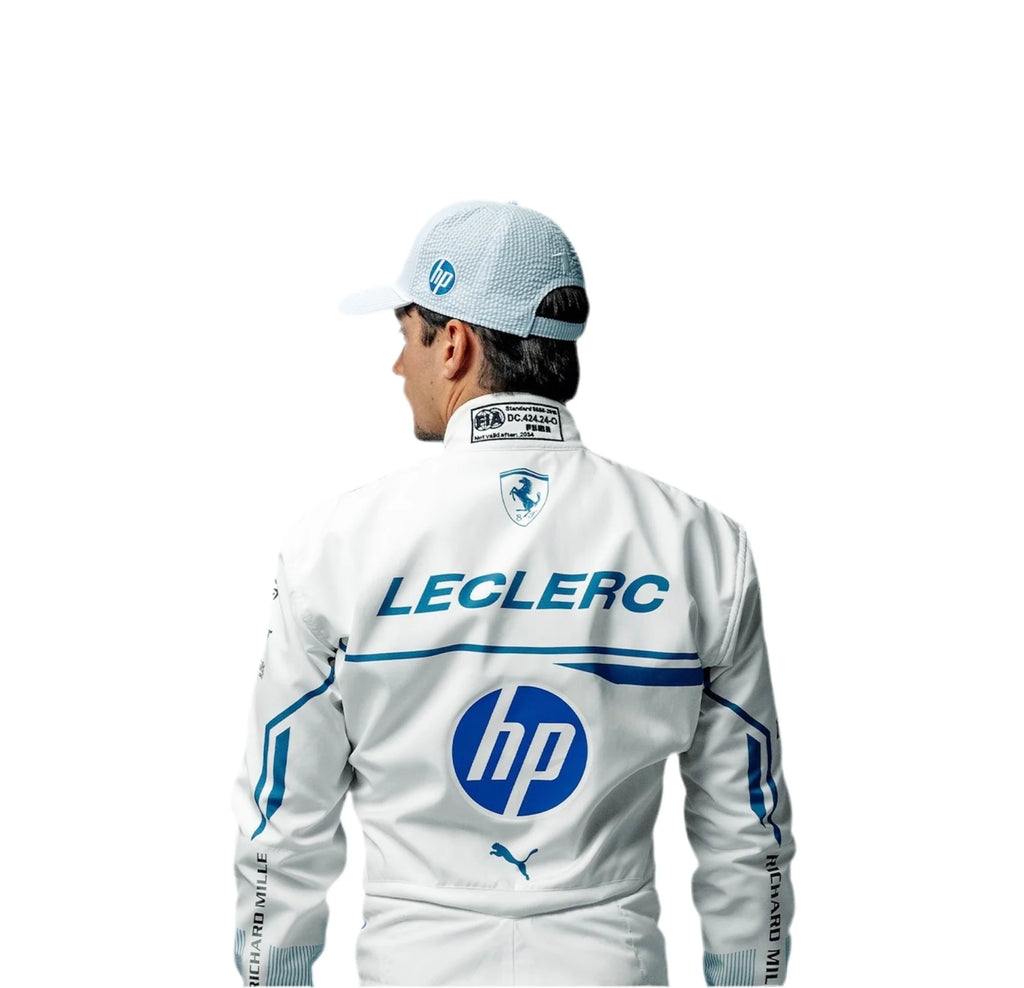 Person wearing a white racing jacket with 'Leclerc' and 'hp' logos on a white background