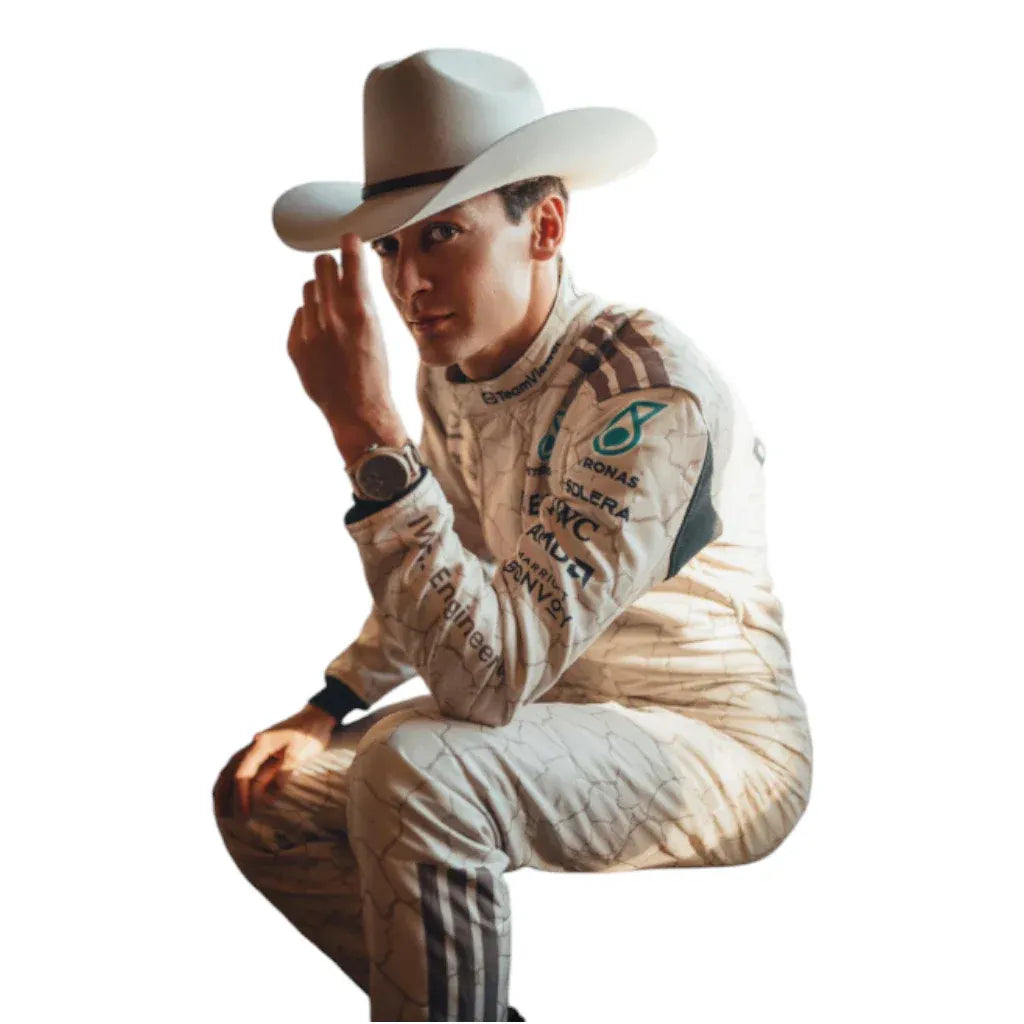 Person wearing a racing suit and cowboy hat on a white background