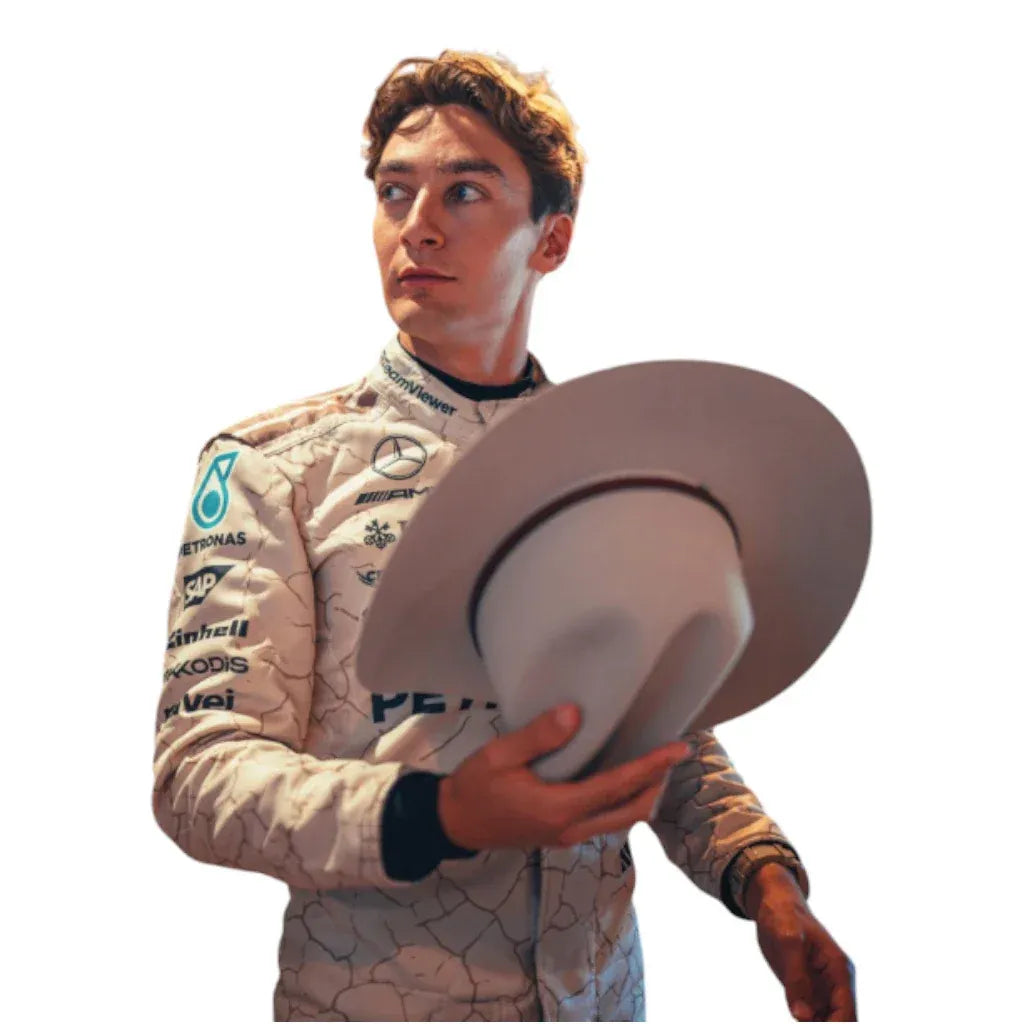Person in a racing suit holding a cowboy hat on a white background