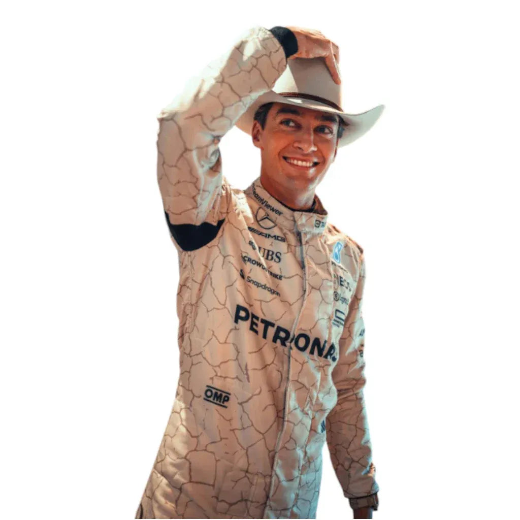 Person wearing a racing suit with 'Petrána' and 'Omp' logos on a white background