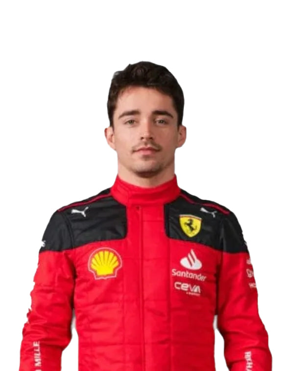 Person wearing a red and black racing suit with various logos on a white background