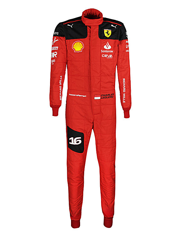 Red racing suit with various logos on a white background