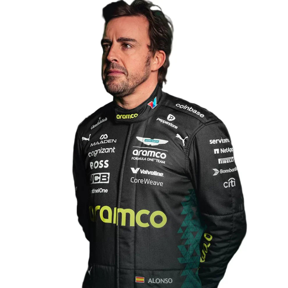 Person wearing a black racing suit with various sponsor logos on a white background