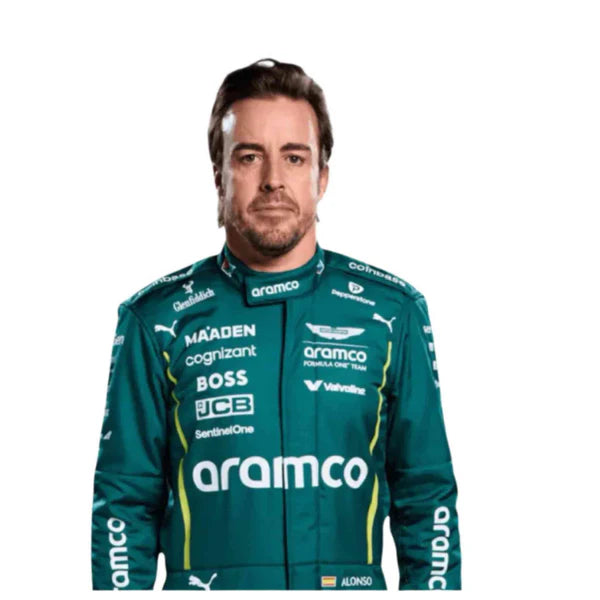 Explore Fernando Alonso's Aston Martin racing suit for the 2025 Aramco Formula One Team. Uncover the features that enhance performance on the track.