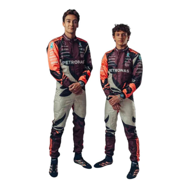 Discover the exclusive 2025 F1 team suit of George Russell from Mercedes-AMG Petronas. Explore design details and features that define racing excellence.
