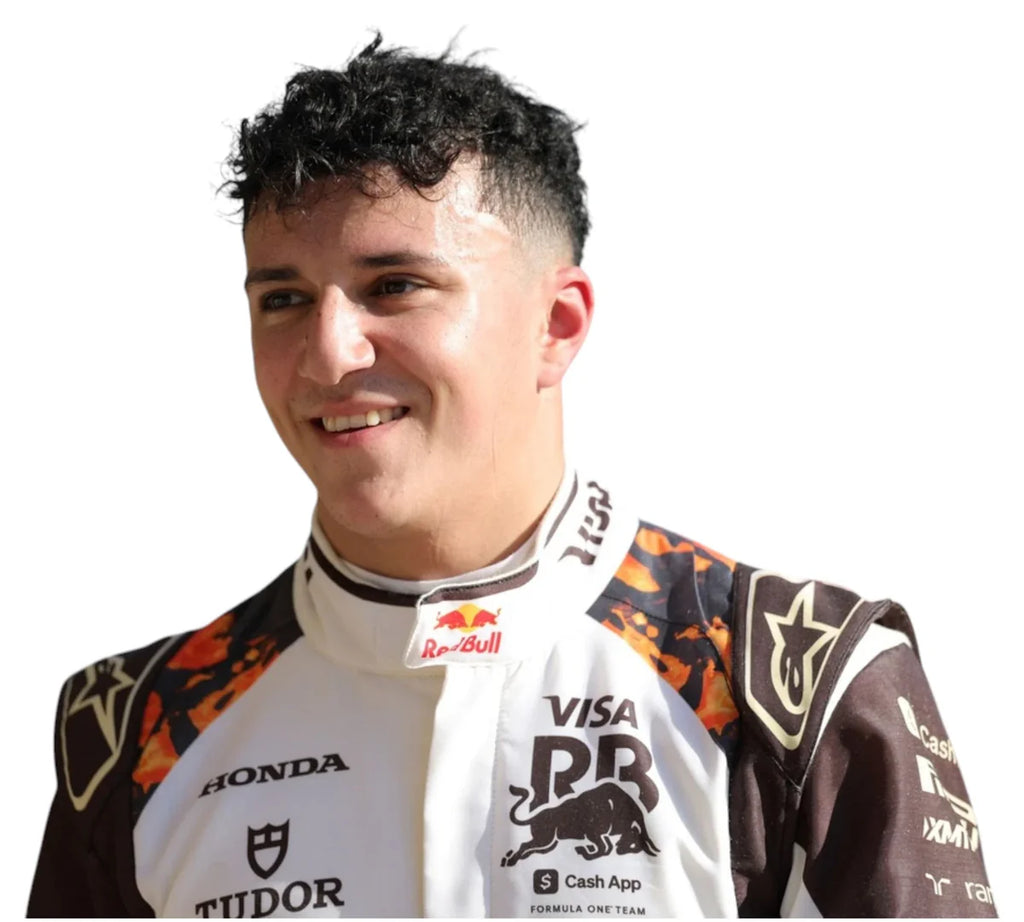 Person wearing a racing suit with various sponsor logos on a white background