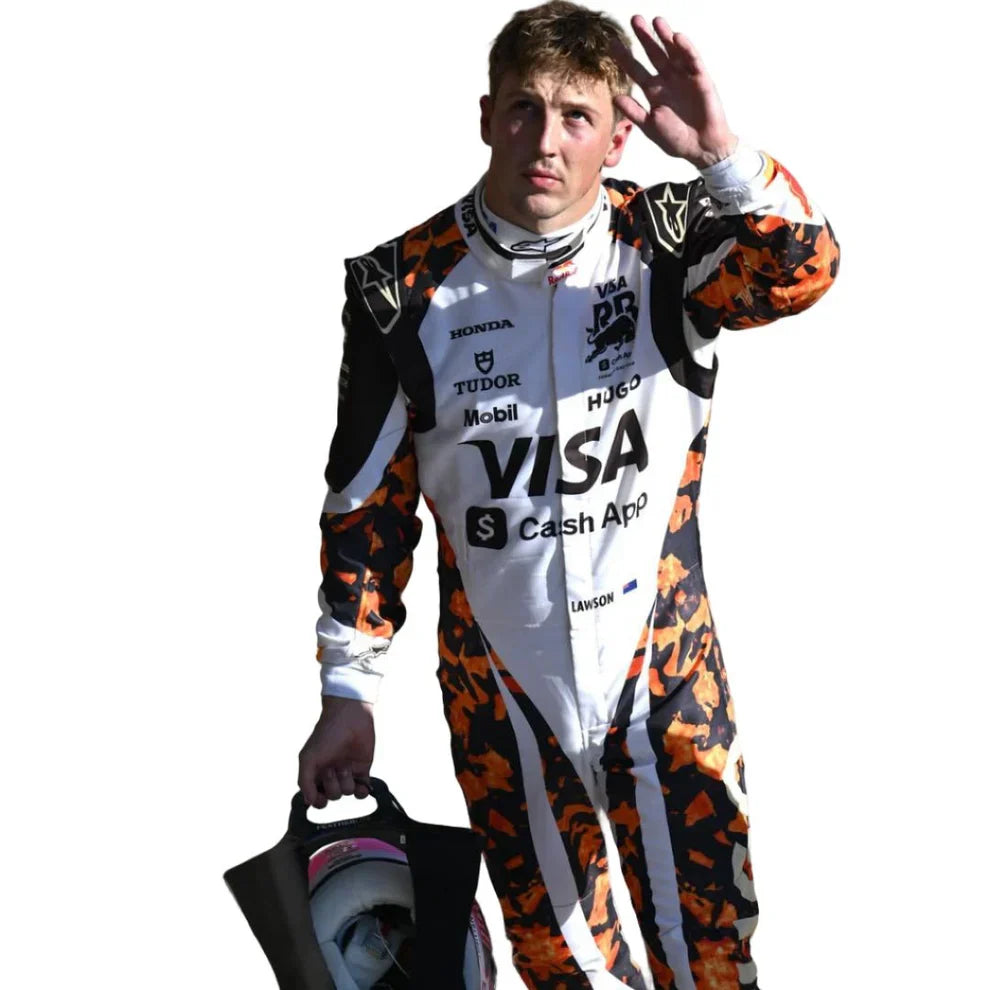 Person in a racing suit with various sponsor logos on a white background