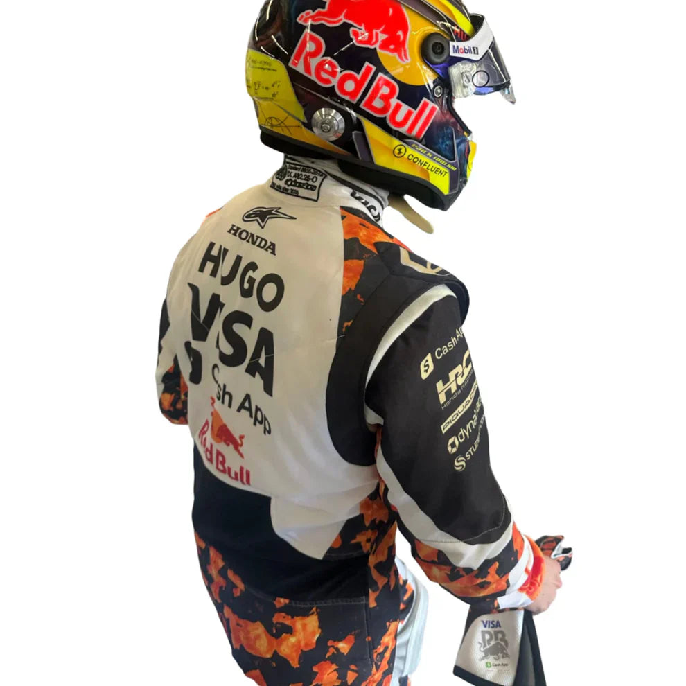 Racing suit with Red Bull branding on a white background