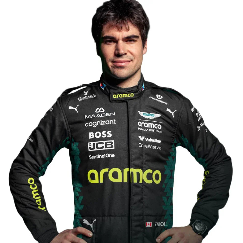 Person wearing a racing suit with various sponsor logos on a white background