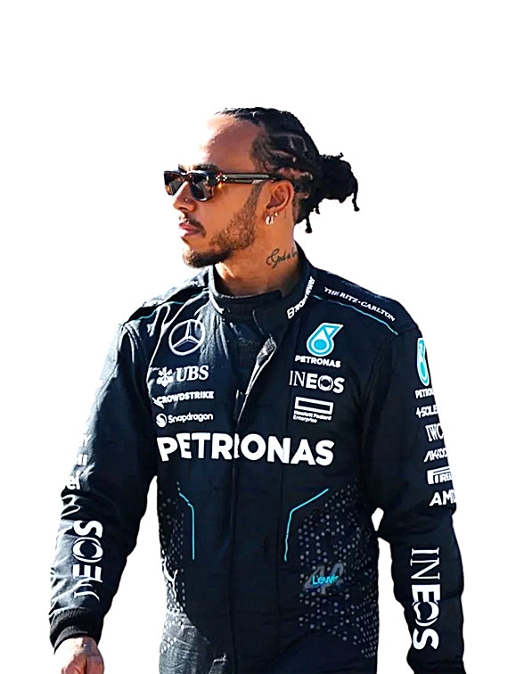 Person wearing a Formula 1 racing suit with various sponsor logos on a white background