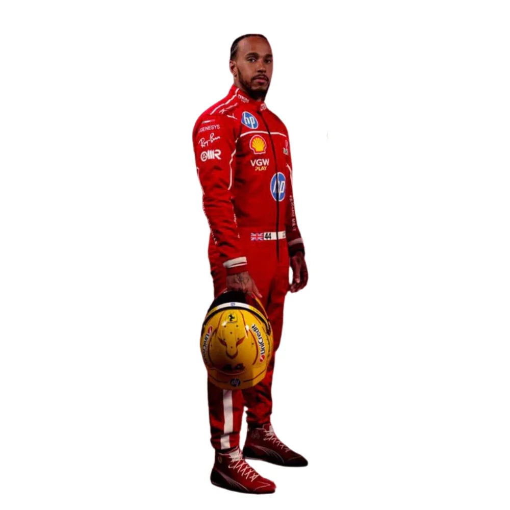 Person wearing a red racing suit with various sponsor logos, holding a yellow helmet.