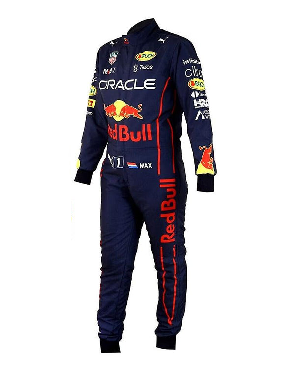 Navy racing suit with Red Bull and Oracle branding on a white background