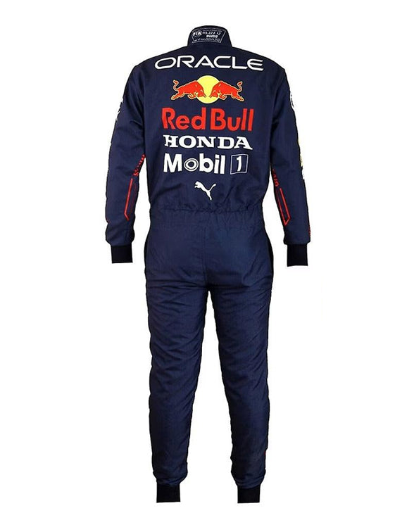 Navy racing suit with Red Bull, Honda, and Mobil branding on a white background