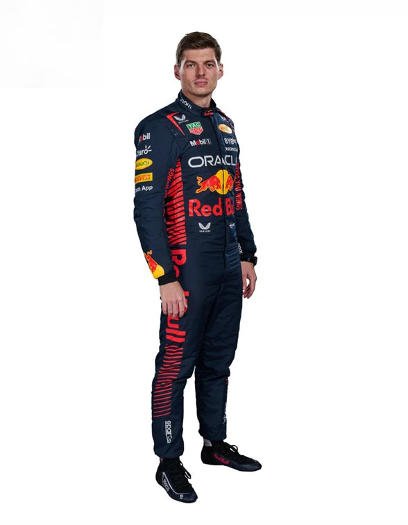 Person wearing a Red Bull racing suit on a white background