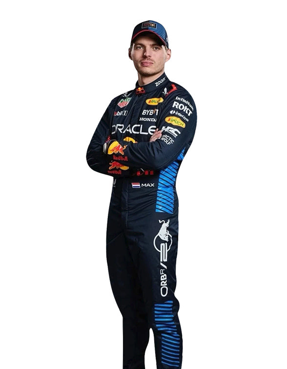 Person wearing a racing suit with various sponsor logos on a white background