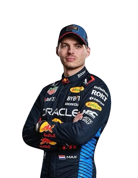 Person wearing a racing suit with various sponsor logos on a white background