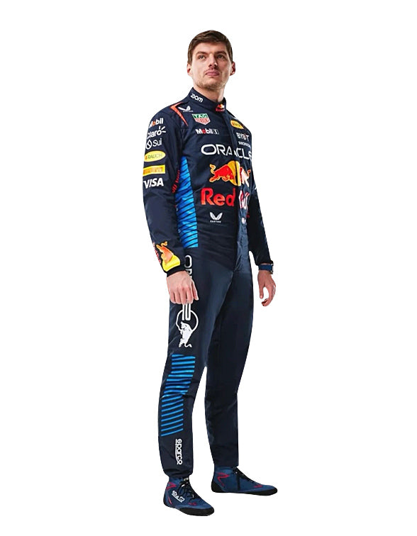 Person wearing a Formula 1 driver's suit with various sponsor logos on a white background