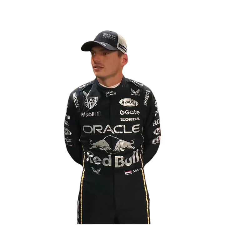 Person wearing a black racing suit with various sponsor logos on a white background