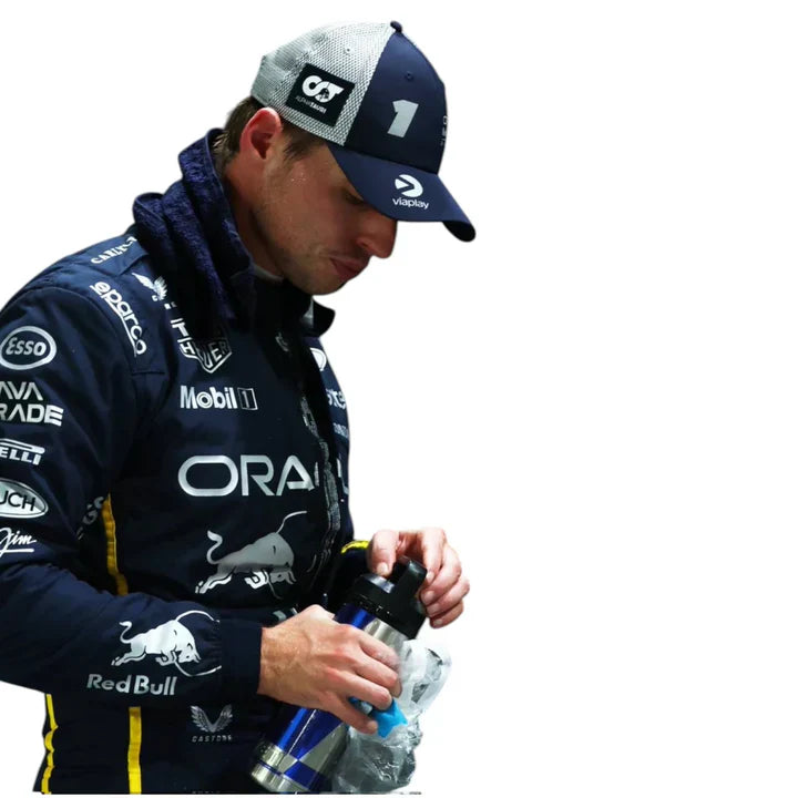 Person wearing a racing suit with various sponsor logos on a white background