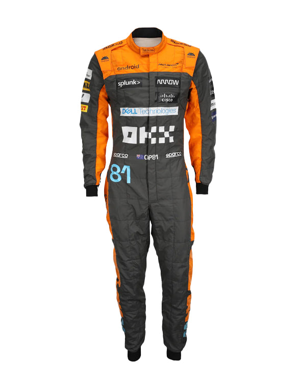 Orange and black racing suit with various sponsor logos on a white background