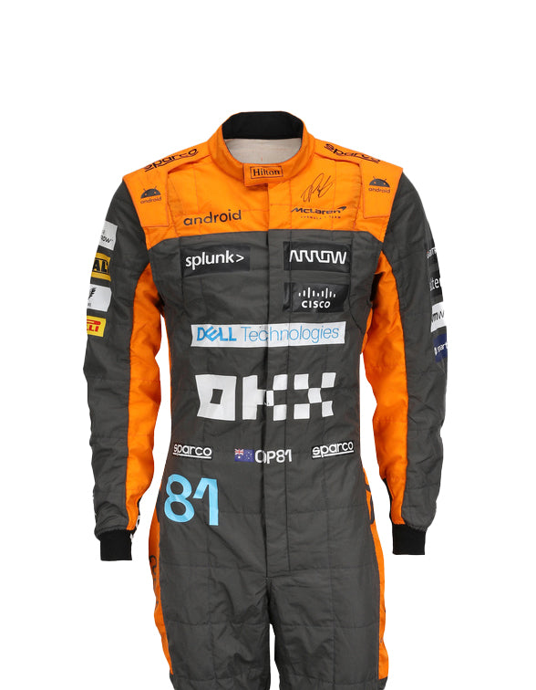 Orange and gray racing suit with various sponsor logos on a white background