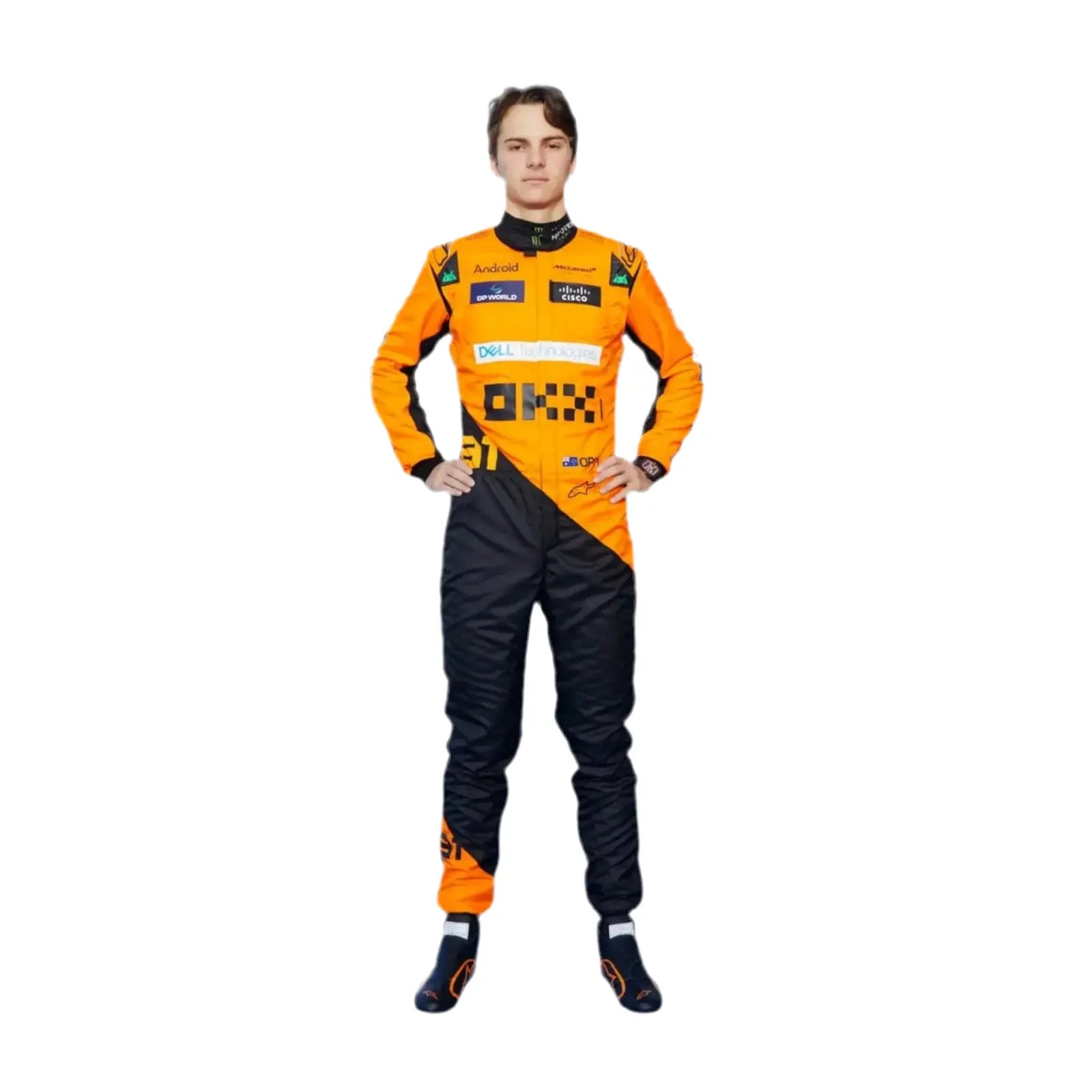 Person wearing an orange and black racing suit with visible branding on a white background