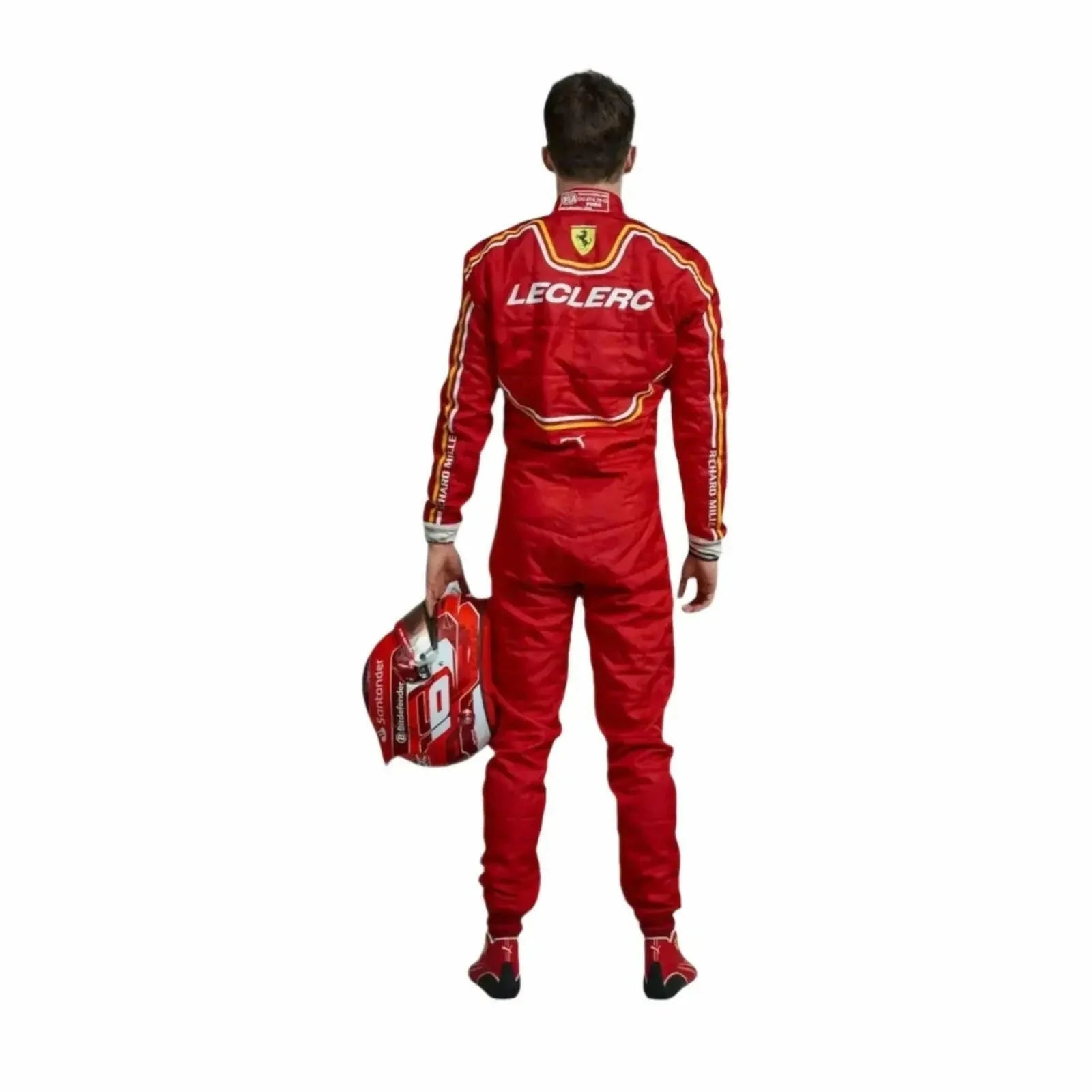 Person wearing a red racing suit with 'Leclerc' branding, holding a helmet on a white background