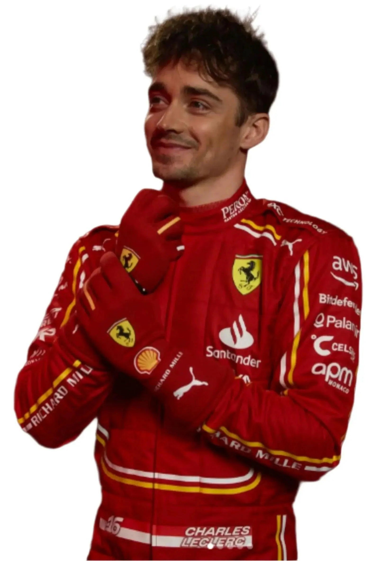 Person wearing a red racing suit with various sponsor logos on a white background