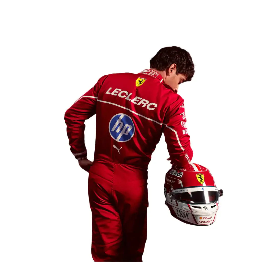 Person wearing a red racing suit with 'Leclerc' and 'hp' logos, holding a helmet.