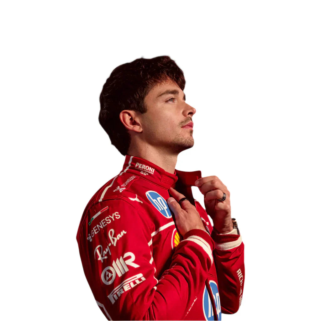Person wearing a red racing suit with various sponsor logos on a white background