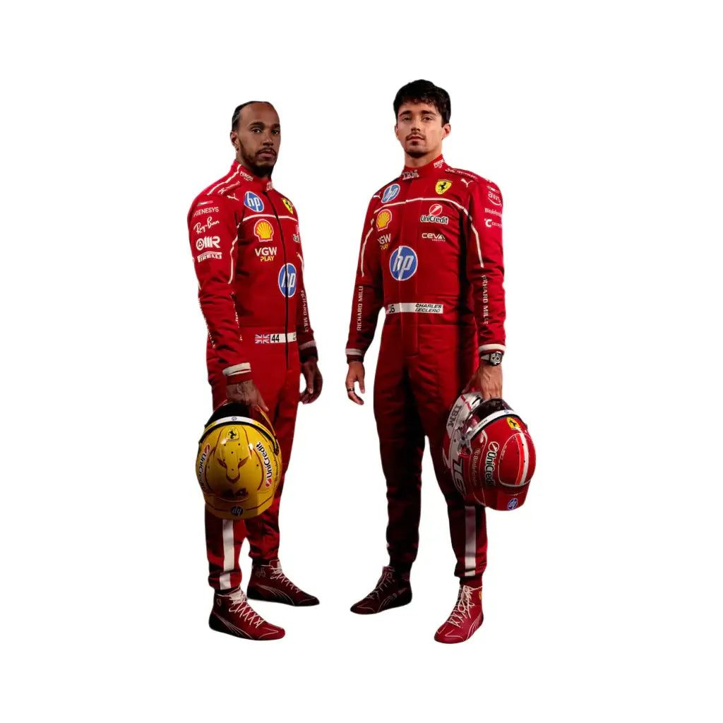 Two individuals in red racing suits with various logos, holding racing helmets on a white background.