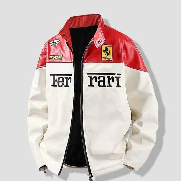 Ferrari jacket with red and white design on a light gray background