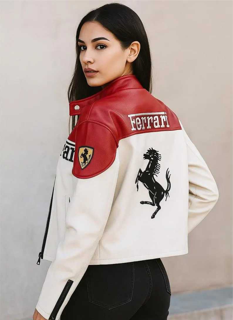 Person wearing a red and white Ferrari jacket with a black panther logo.